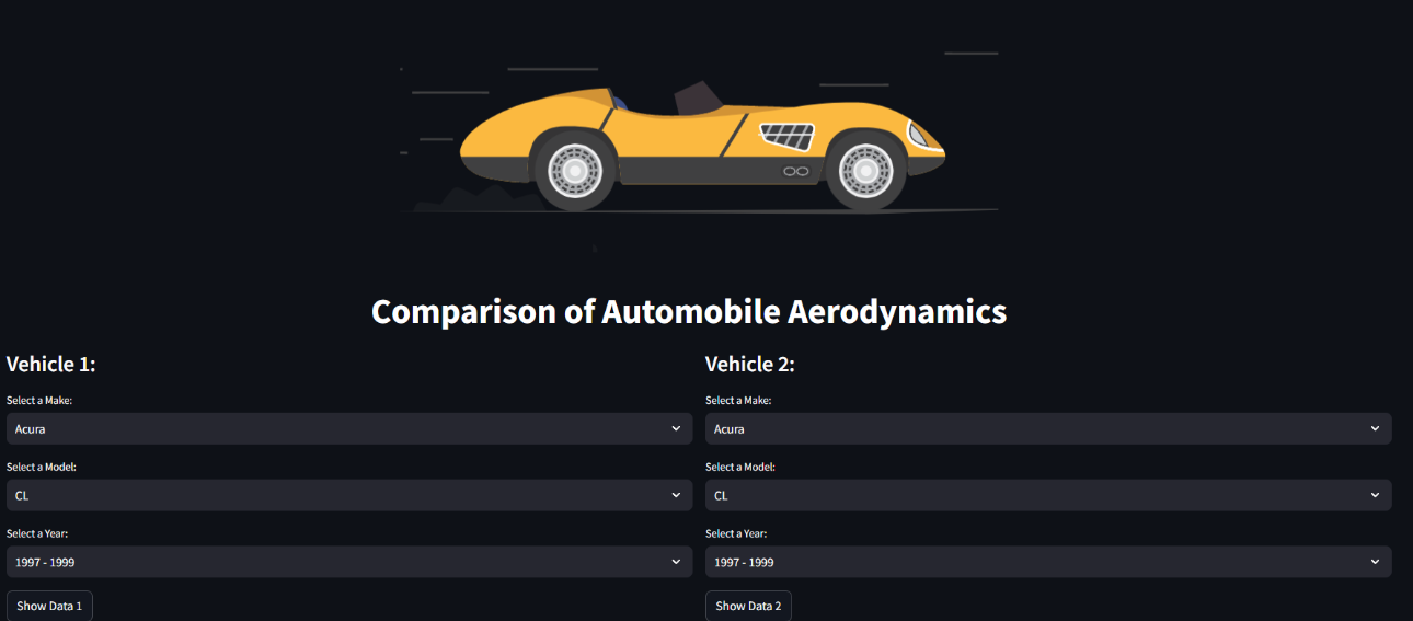 AeroAuto app comparing the aerodynamics of two vehicles